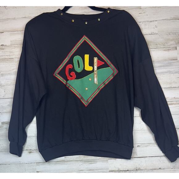 VTG KJG Golf Applique Studded Sweatshirt Woman's Small Shoulder Pads 80s - Picture 1 of 8